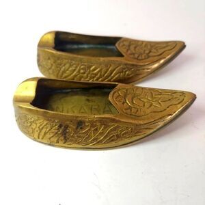Vintage Ankara Turkey Islamic Solid Brass Hand Engraved Ashtray Shoe Slipper Set